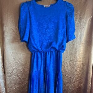 Vintage True 80s Elegant Blue Floral Dress XSS-XS